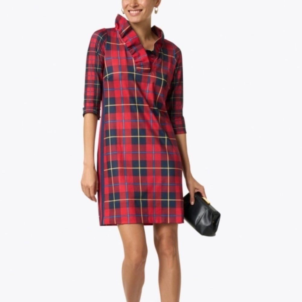 Gretchen Scott Plaidly Red Ruffle Neck Dress